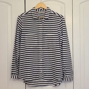 Zara Womens Linen Blend Blue White Striped Long Sleeve Shirt Nautical Size M